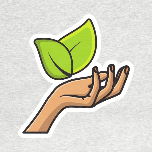 Hand Holding Leaf Sticker vector illustration. Natural products icon concept. Leaf in a hand sign of environmental protection icon. Green leaves and woman hand sticker design logo. by AlviStudio